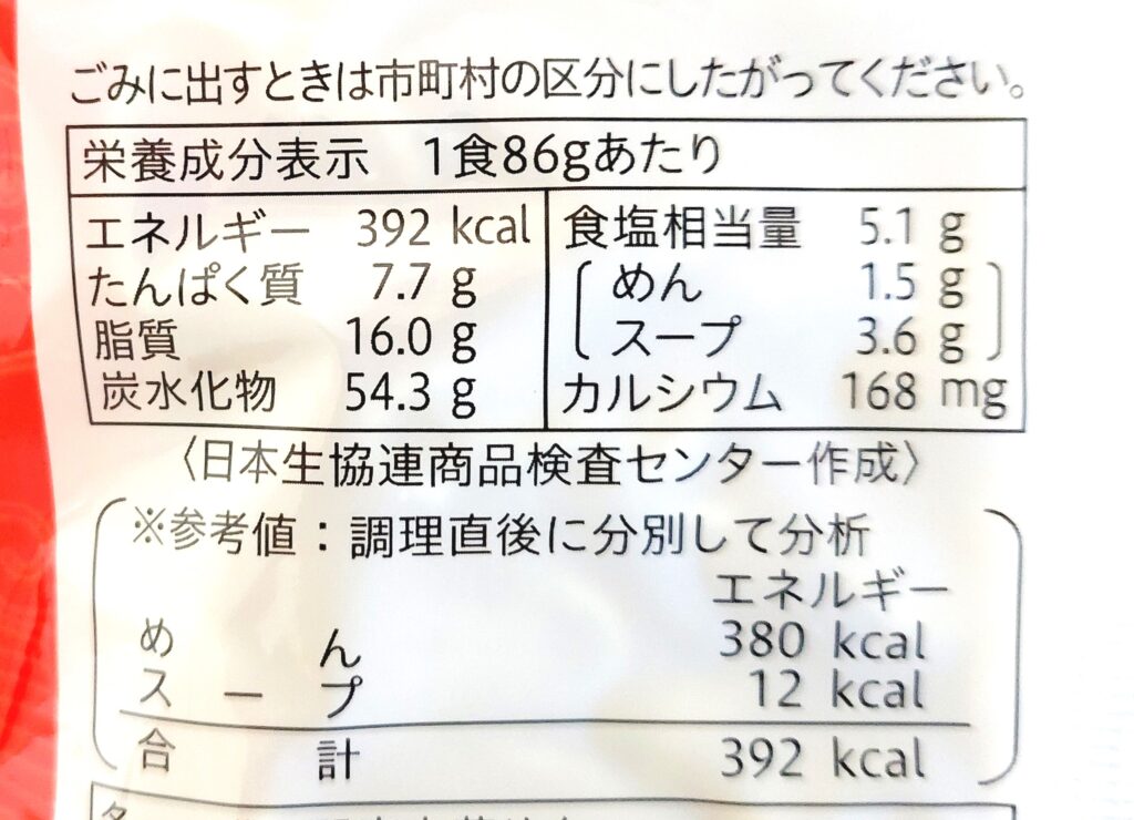 コープ「コクと旨みの中華そば　しょうゆ味」栄養成分表示