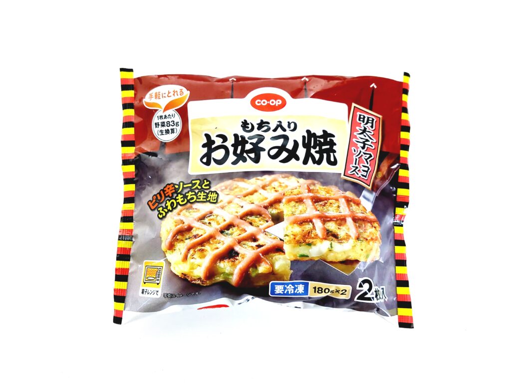 コープ「もち入りお好み焼（明太子マヨソース）」パッケージ画像