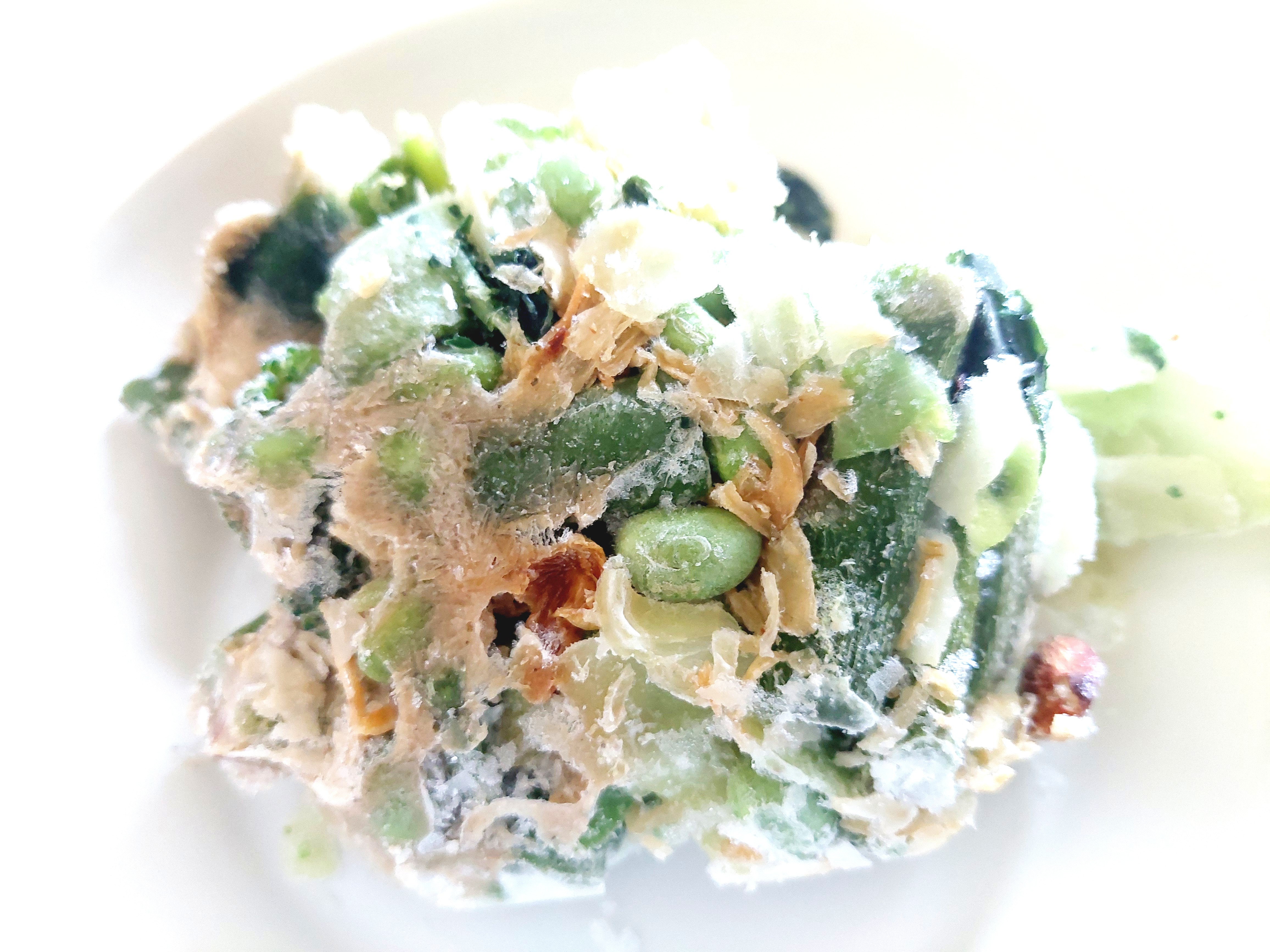 グリーンスプーン「ケールとナッツの塩麹グリーンサラダ」凍ったままの中身アップ