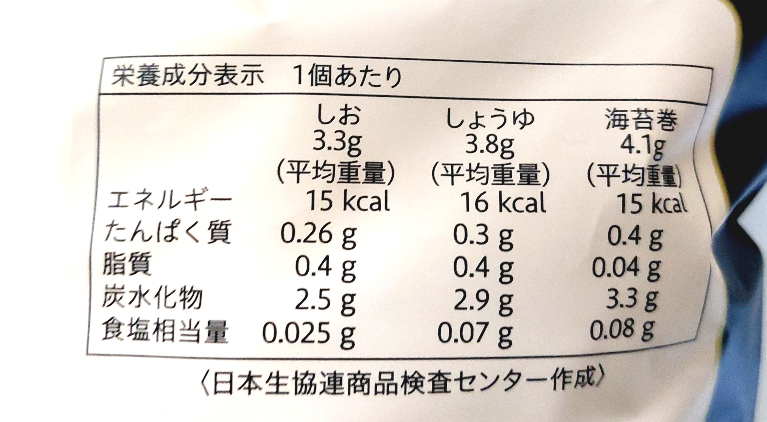 コープクオリティ「こだわりのおかきアソート」栄養成分表示