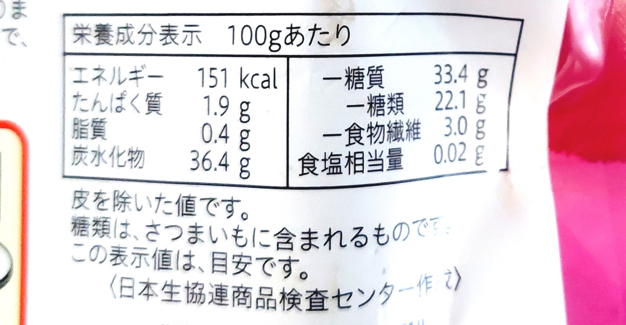 コープ「茨城県産紅はるかのねっとり焼いも」栄養成分表示