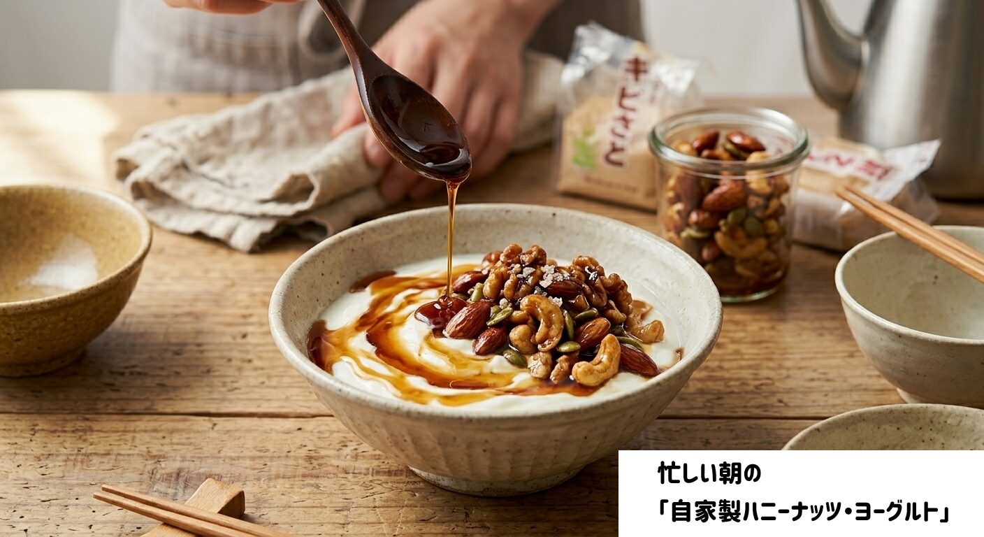 コープ「きび砂糖」忙しい朝の「自家製ハニーナッツ・ヨーグルト」